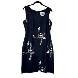 Sheri Martin Floral Linen Blend Embroidered Sleeveless Sheath Dress Black Size 4